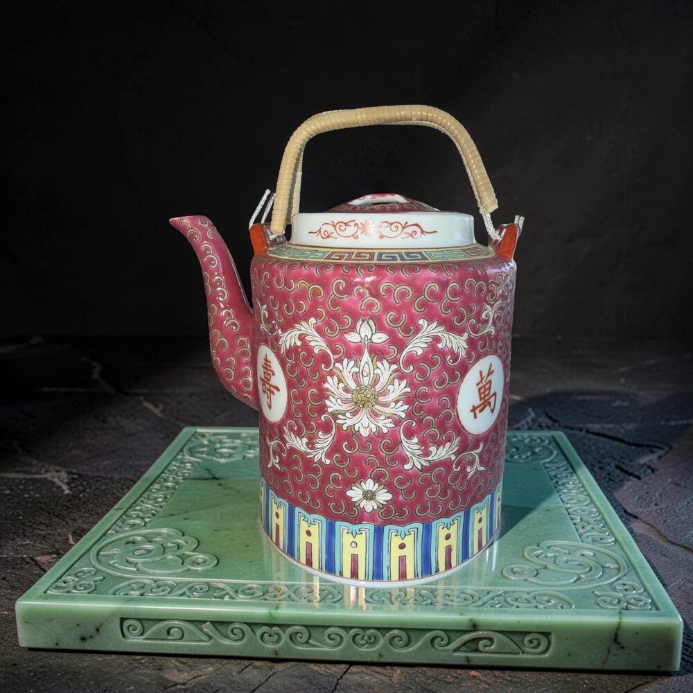 Vintage Jingdezhen Mun Shou Teapot Rattan Wrapped Handle Pink Porcelain